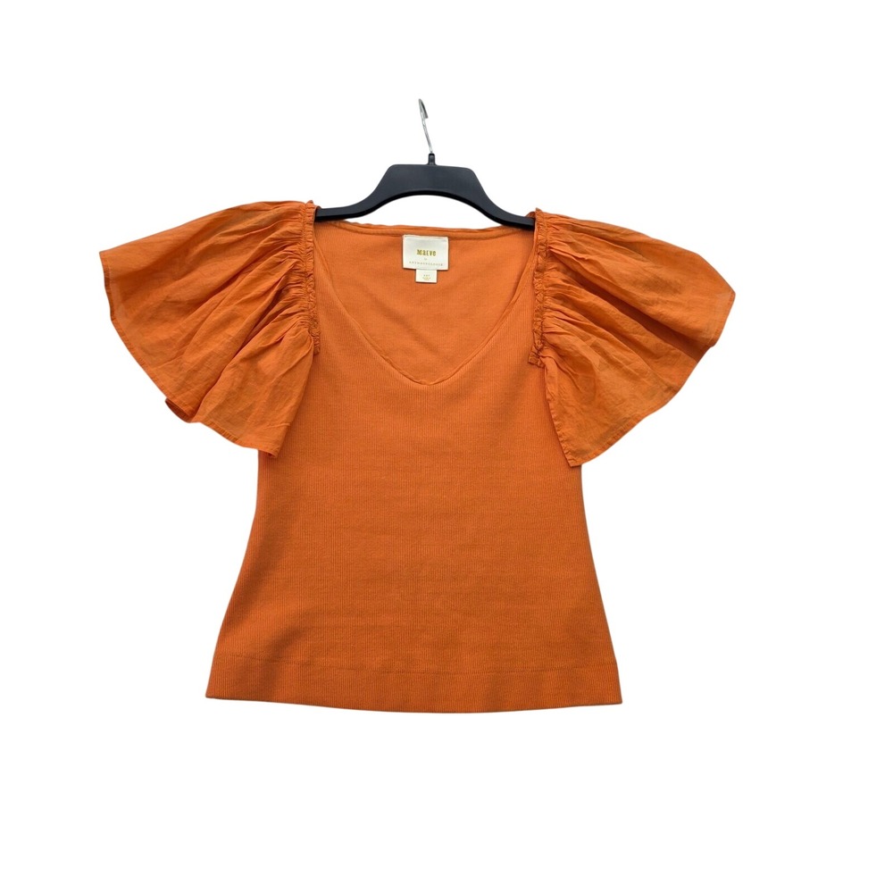 Maeve Anthropologie Orange Ribbed V-Neck Ruffle Flutter Sleeve Top XSP